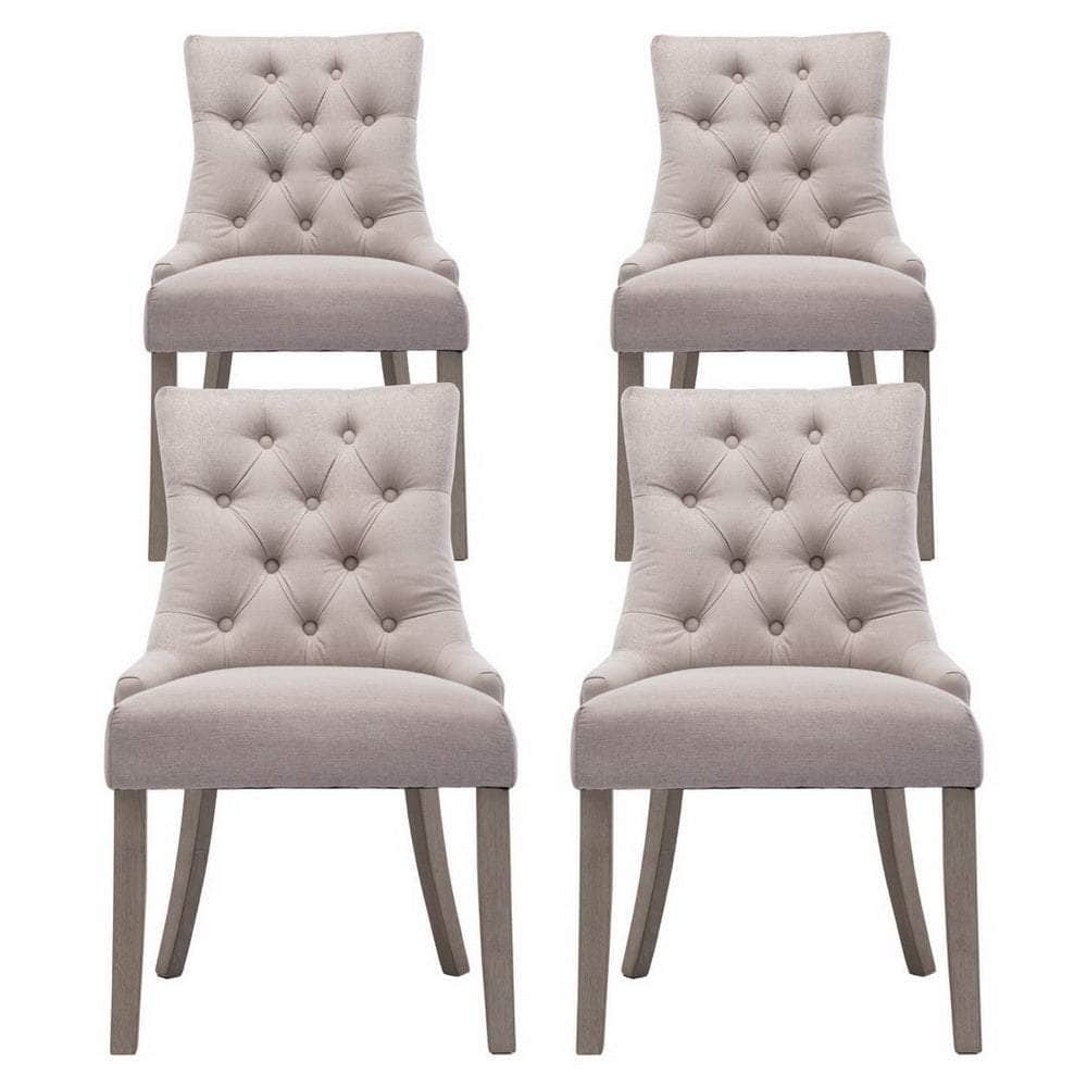 Set of 4 French Provincial Dining Chairs in Beige Linen – Elegant Vintage