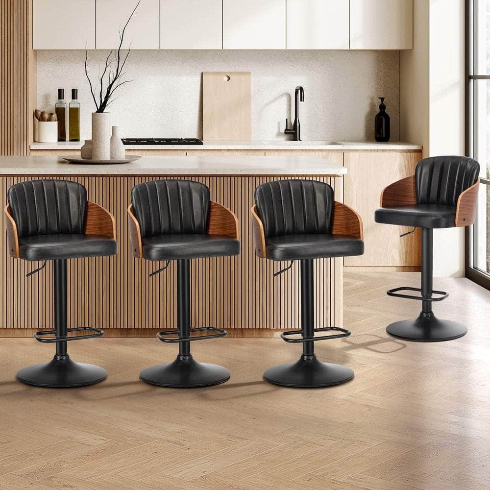 Set of 4 Swivel Bar Stools Gas Lift Adjustable PU Leather Chairs Black