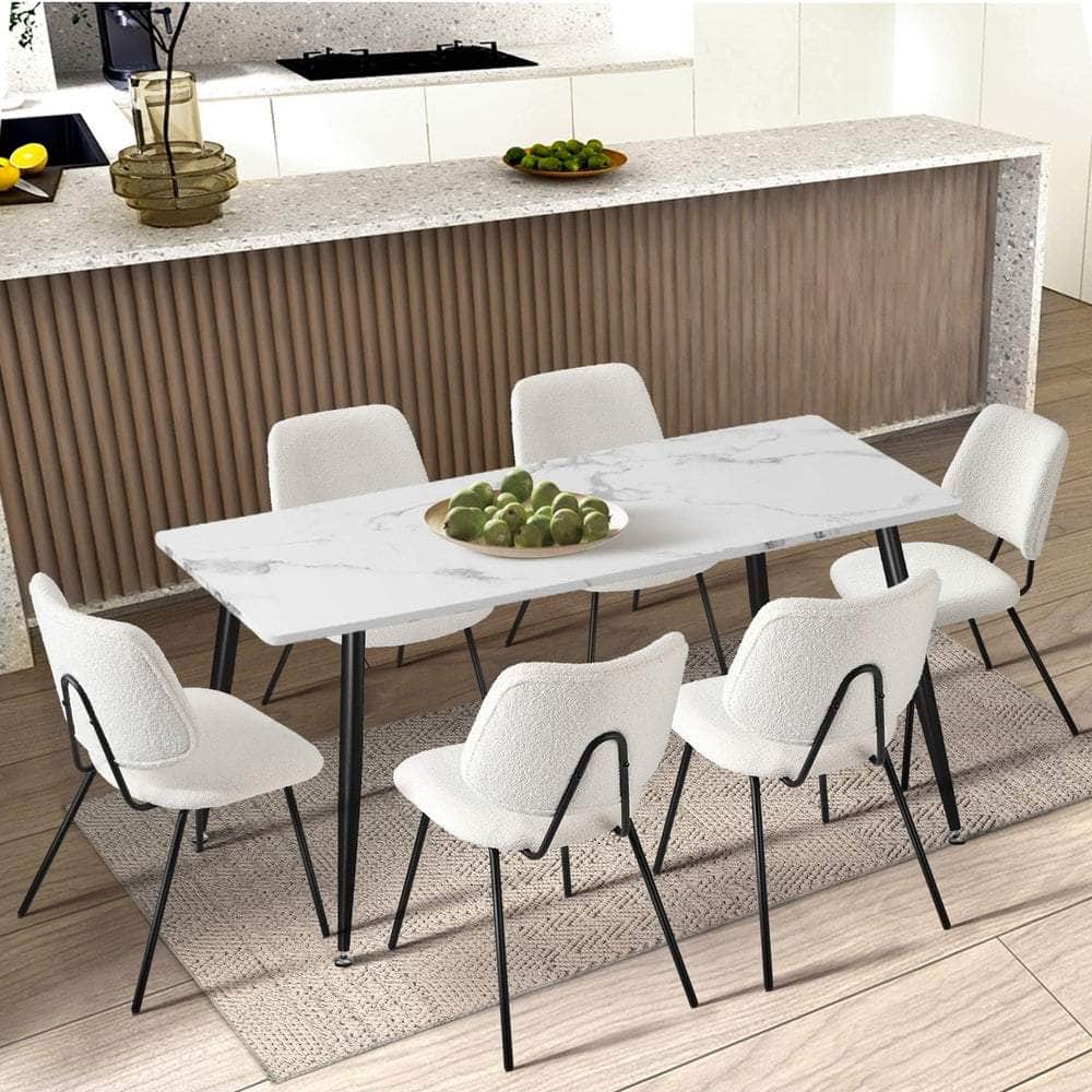 Set of 6 Vintage Retro Dining Chairs White Sherpa Padded Kitchen Chairs