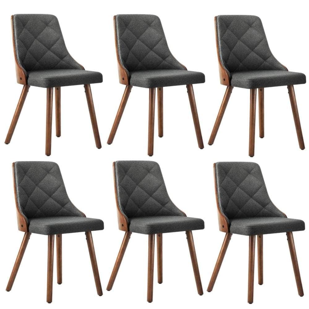 Set of 6 Wooden Dining Chairs with Linen Fabric Padded Seats for Kitchen