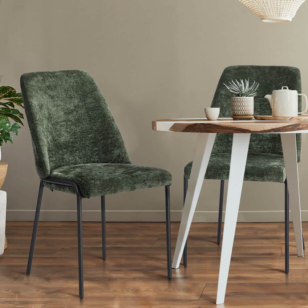 Set of 8 Dining Chairs Chenille Fabric Upholstered Padded Seat Beige Green & Grey