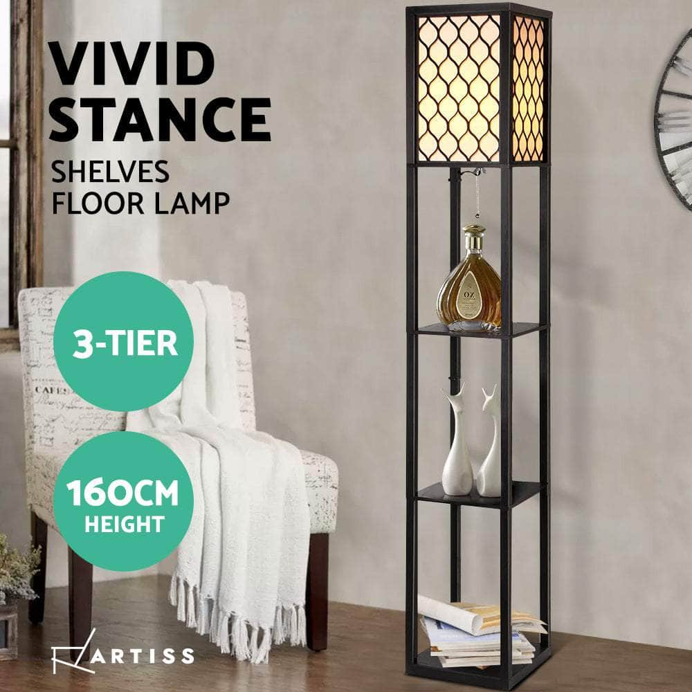 Shelves Floor Lamp Vintage Wood Standing Reading Light Storage Livingroom