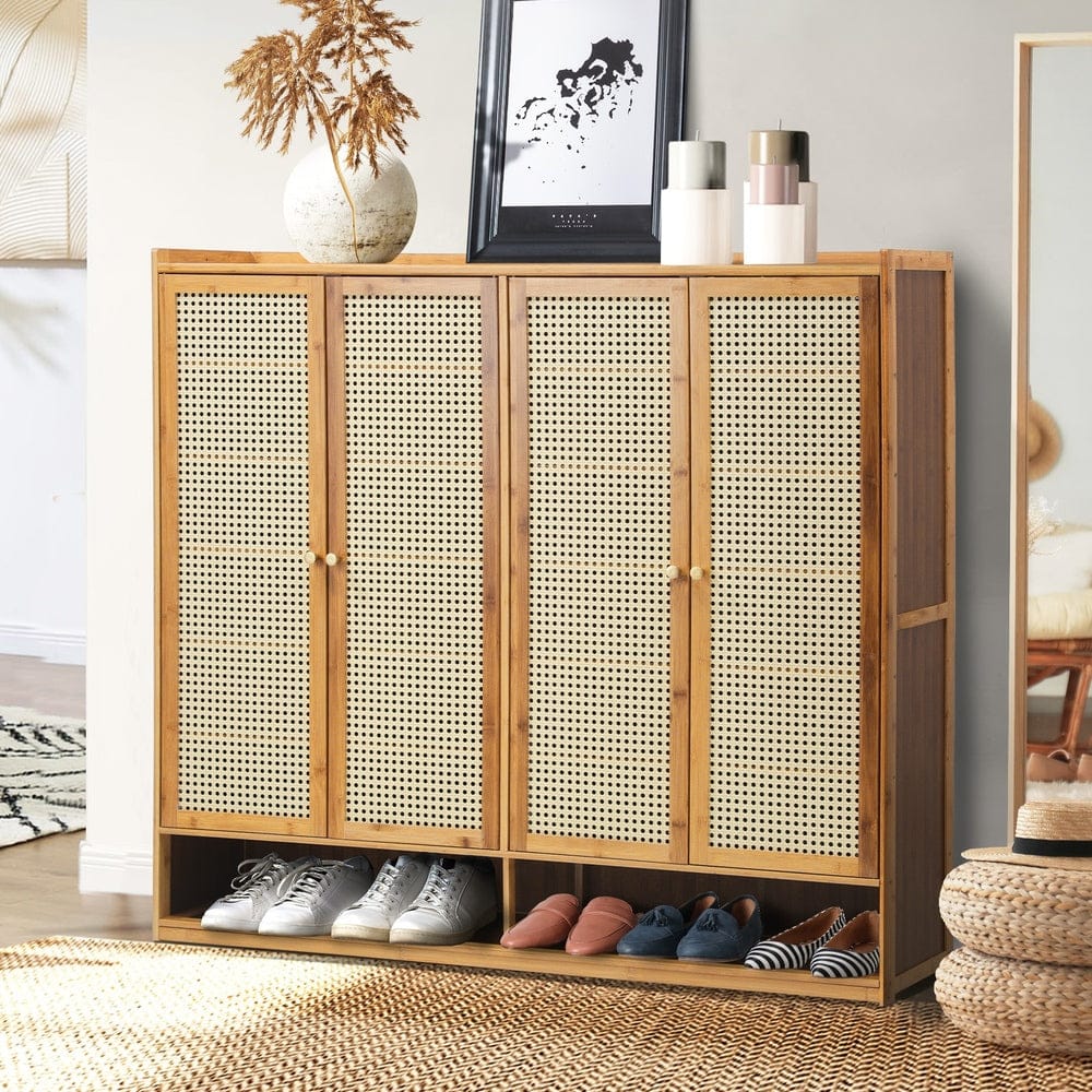 Shoe Storage Cabinet 4 Doors Rattan Black