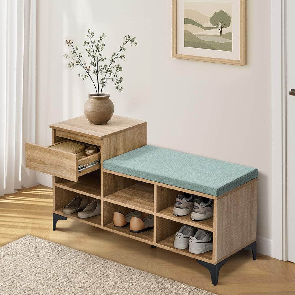 Shoe Cabinet Bench Storage Drawer 6 Shelves Polyester Seat