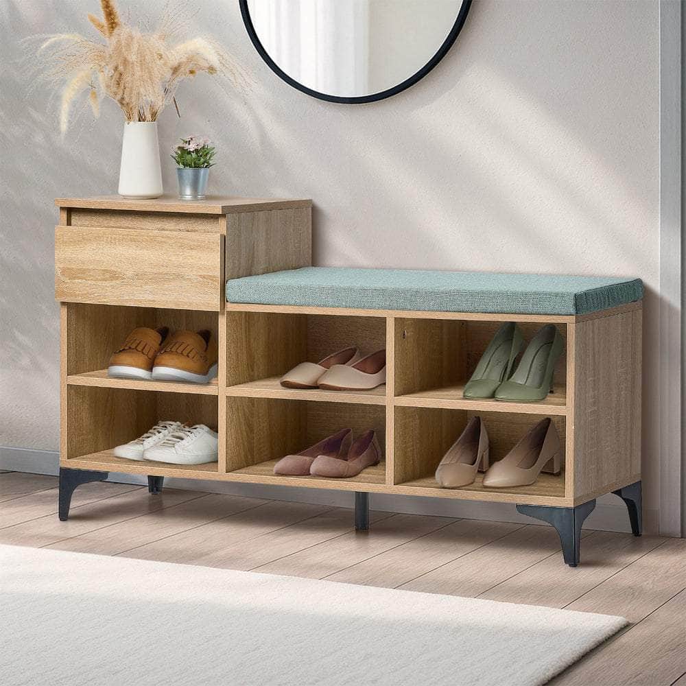 Shoe Cabinet Bench Storage Drawer 6 Shelves Polyester Seat