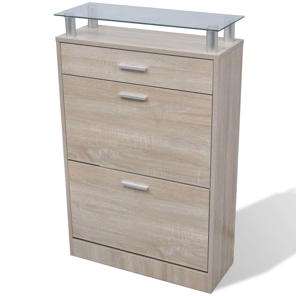 Shoe Cabinet with a Drawer and a Top Glass Shelf Wood Oak Look