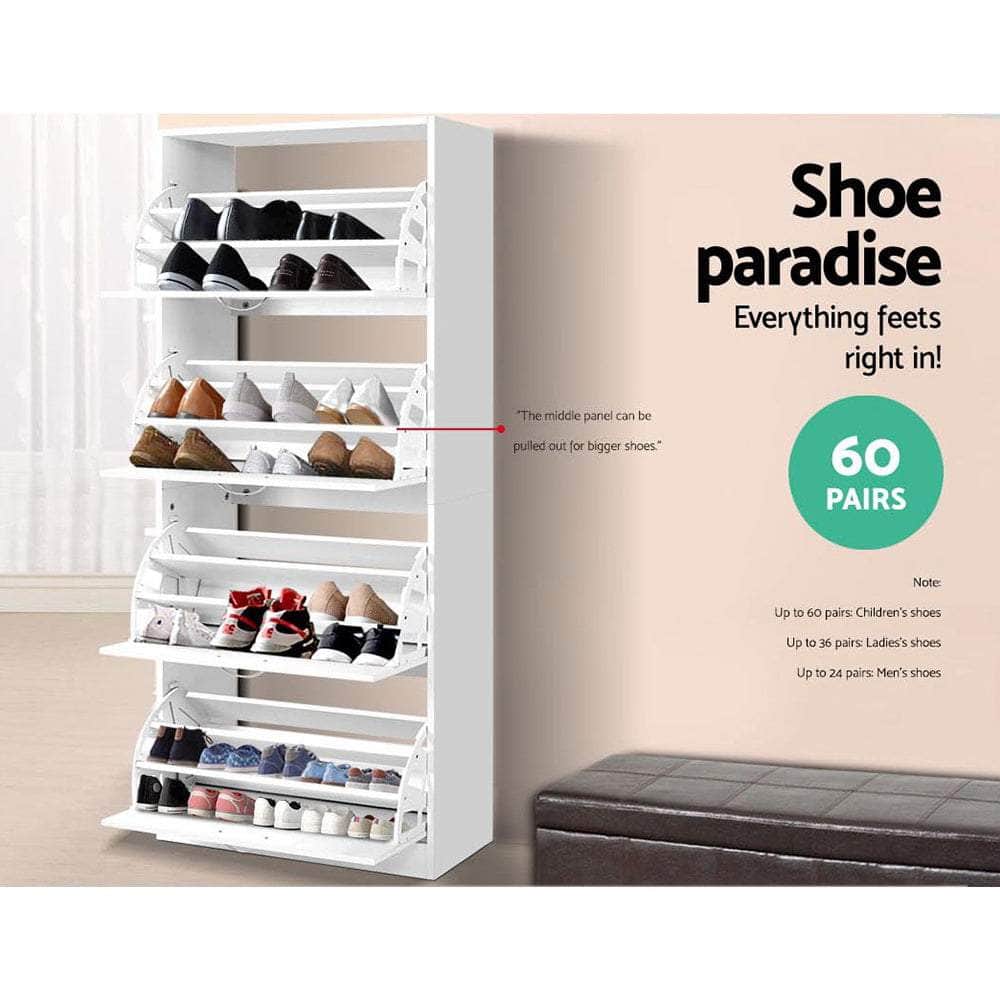 Shoe Rack Cabinet 60 Pairs 4 Doors - White