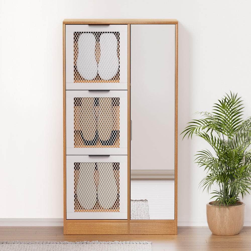 Shoe Rack Cabinet Mirror White Mesh