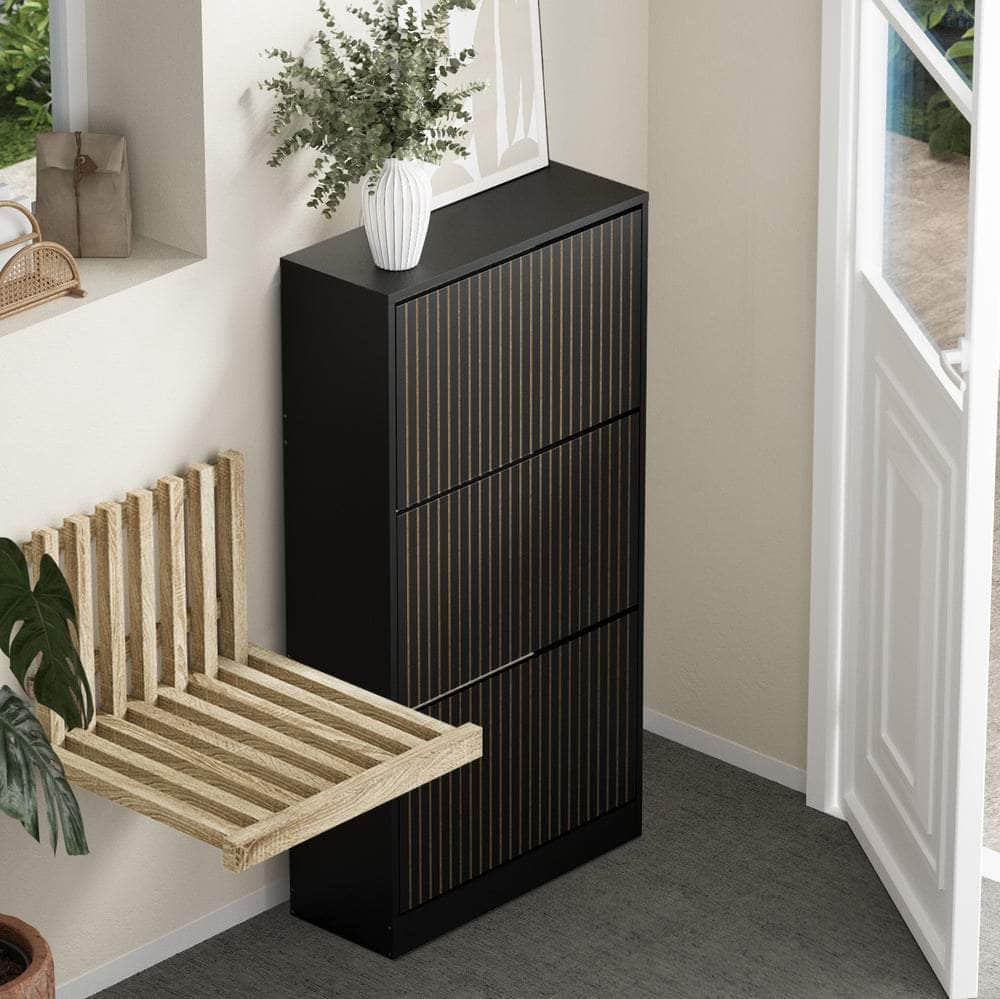Shoe Rack Storage Cabinet 3-Tier Organizer Black Entryway Closet Shelf