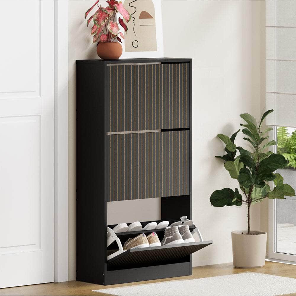 Shoe Rack Storage Cabinet 3-Tier Organizer Black Entryway Closet Shelf
