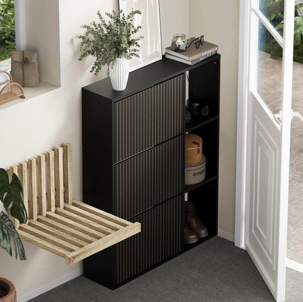 Shoe Rack Storage Cabinet with Display Shelves Black