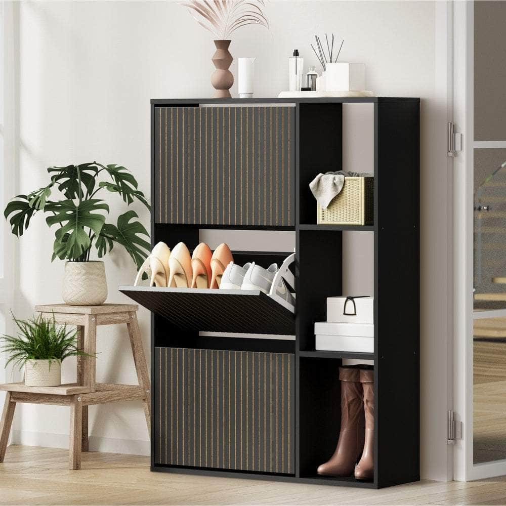 Shoe Rack Storage Cabinet with Display Shelves Black
