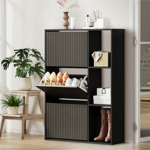 Shoe Rack Storage Cabinet with Display Shelves Black