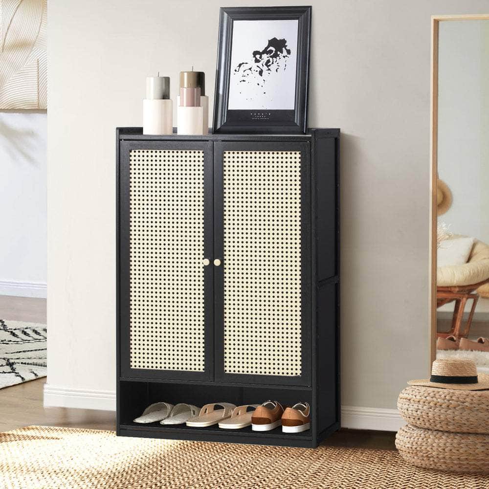 shoe-storage-cabinet-2-doors-rattan-black