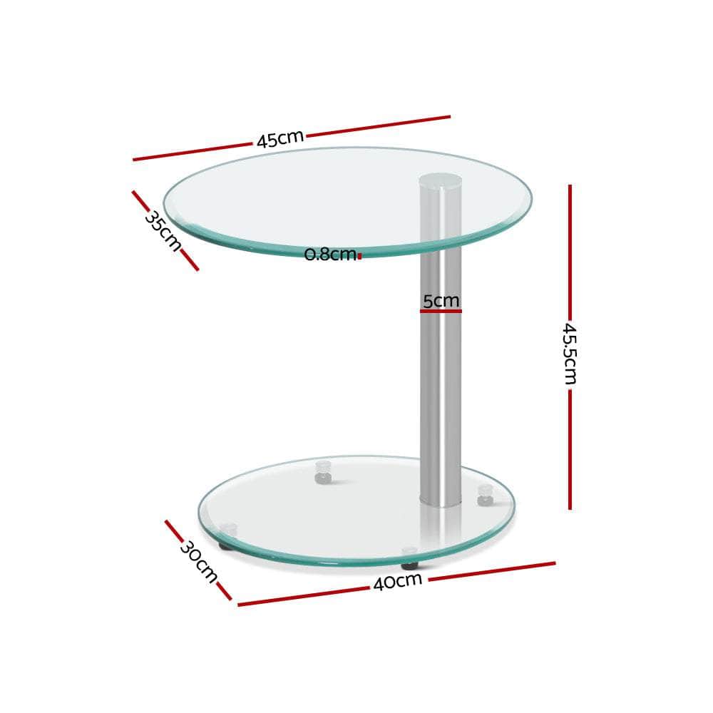 Side Coffee Table Bedside Furniture Oval Tempered Glass Top 2 Tier