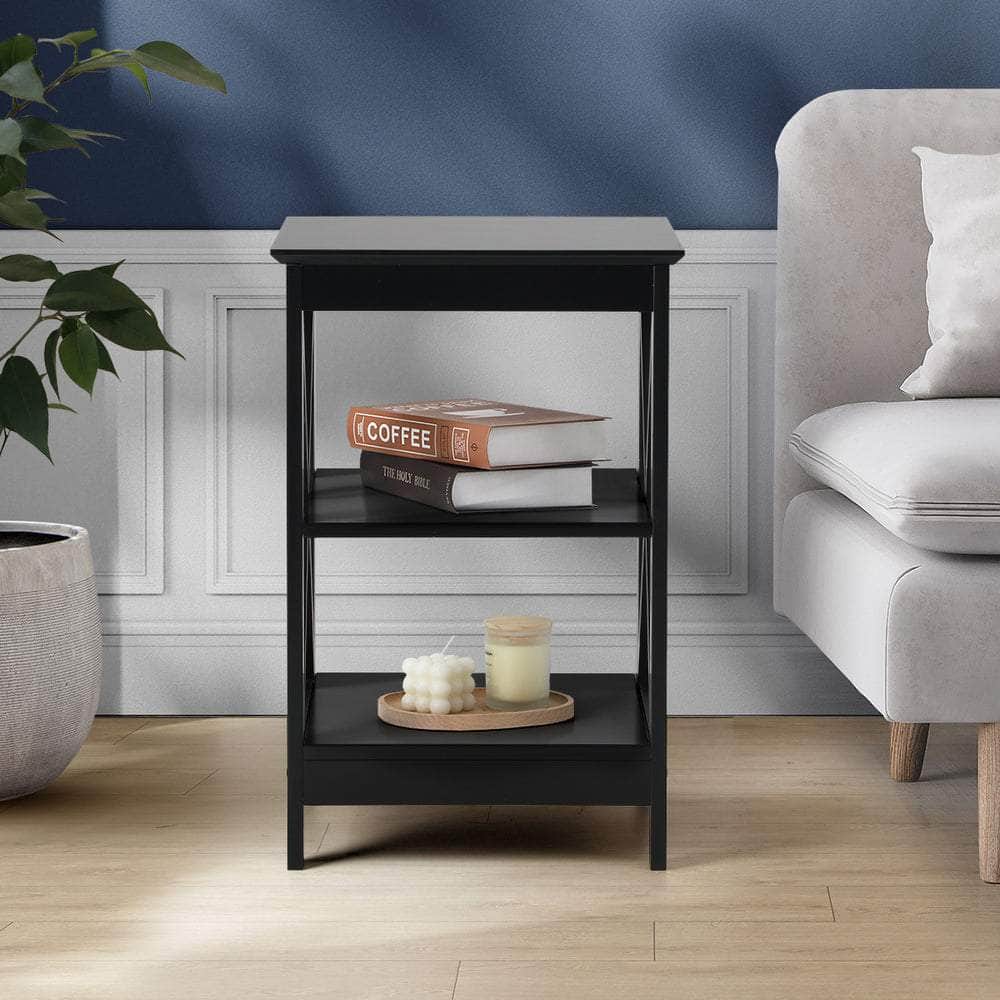 Side Table 3-tier Shelf X-Structured Sides Black