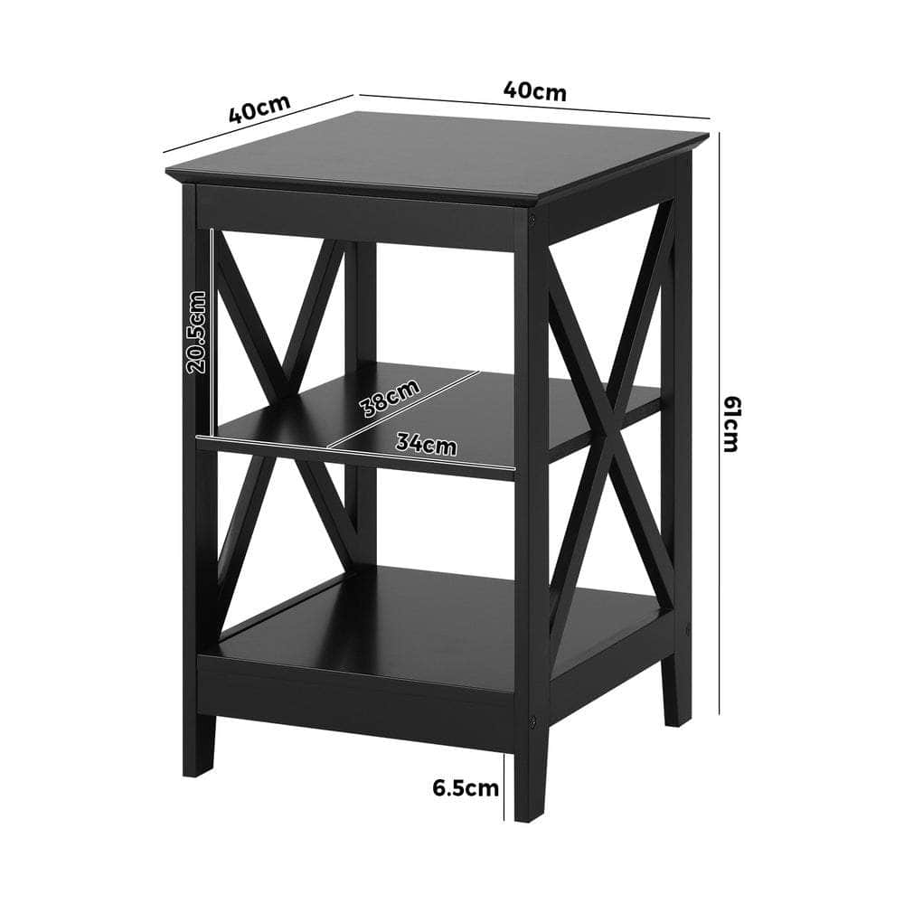 Side Table 3-tier Shelf X-Structured Sides Black