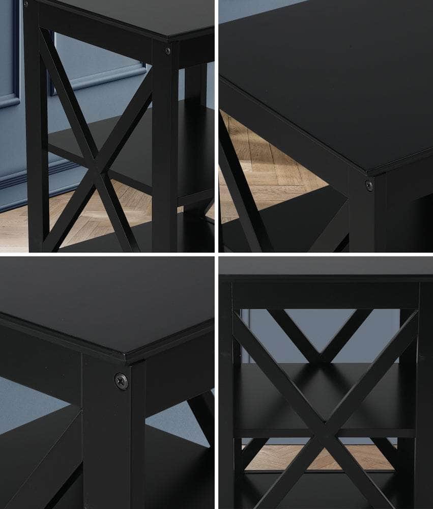 Side Table 3-tier Shelf X-Structured Sides Black