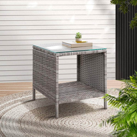 Side Table Coffee Patio Outdoor Furniture Rattan Desk Indoor Garden Grey