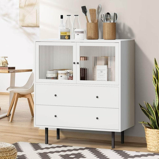 Sideboard Tempered Glass Door 2 Drawers White, Sideboard