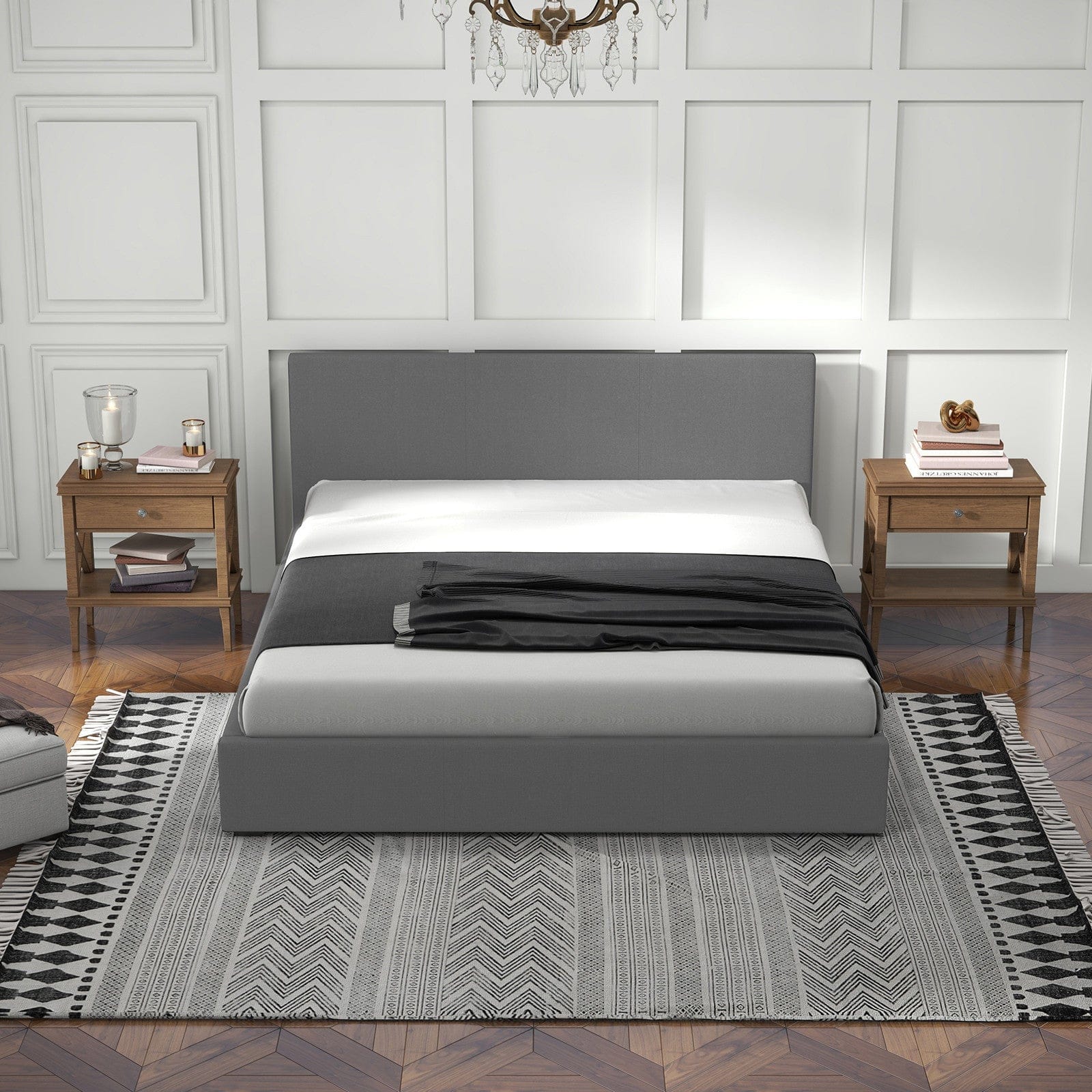 Single Bed Frame With Headboard Grey For Bedroom Modern Design