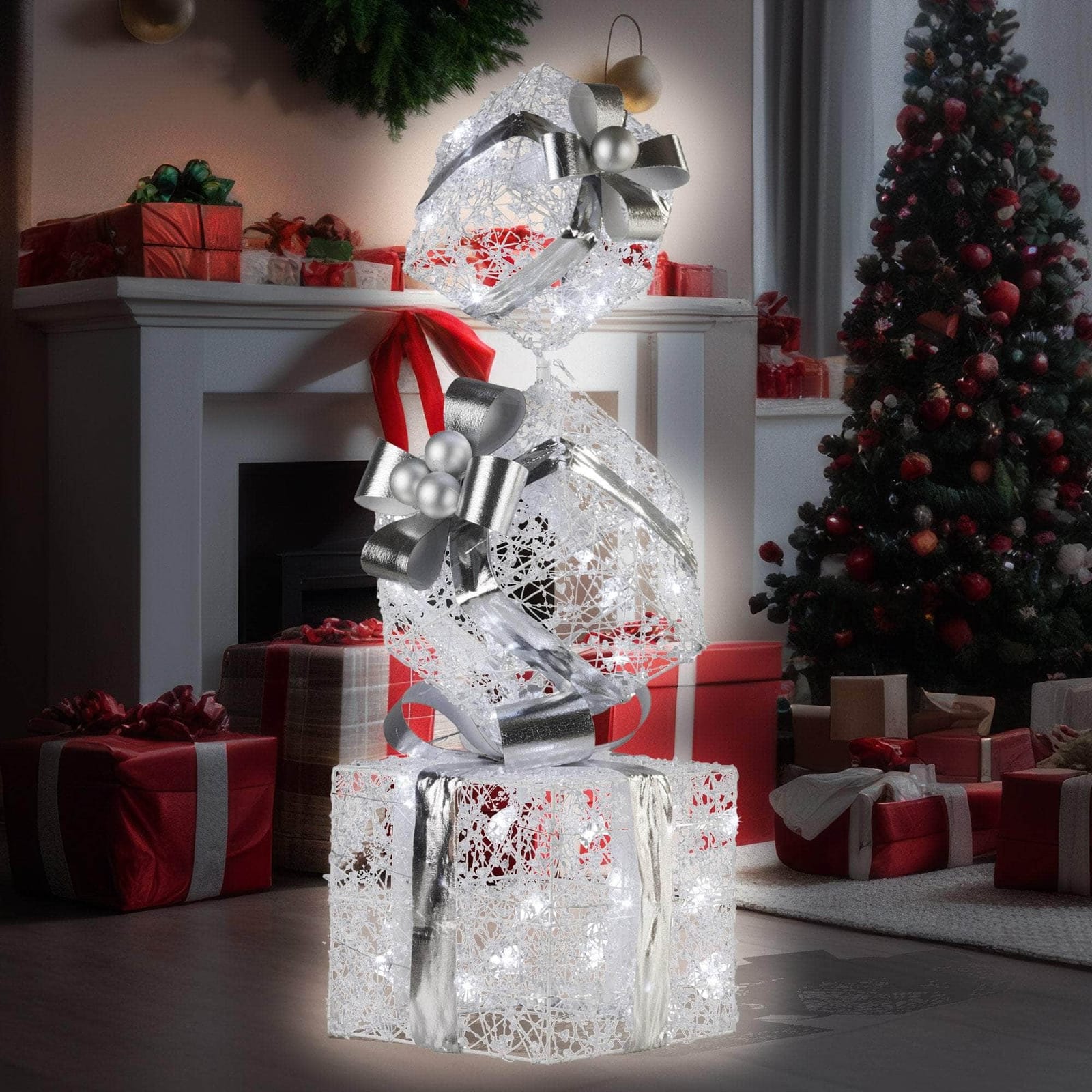 83cm Triple Christmas Silver Giftbox Stack Display with Lights, dsd