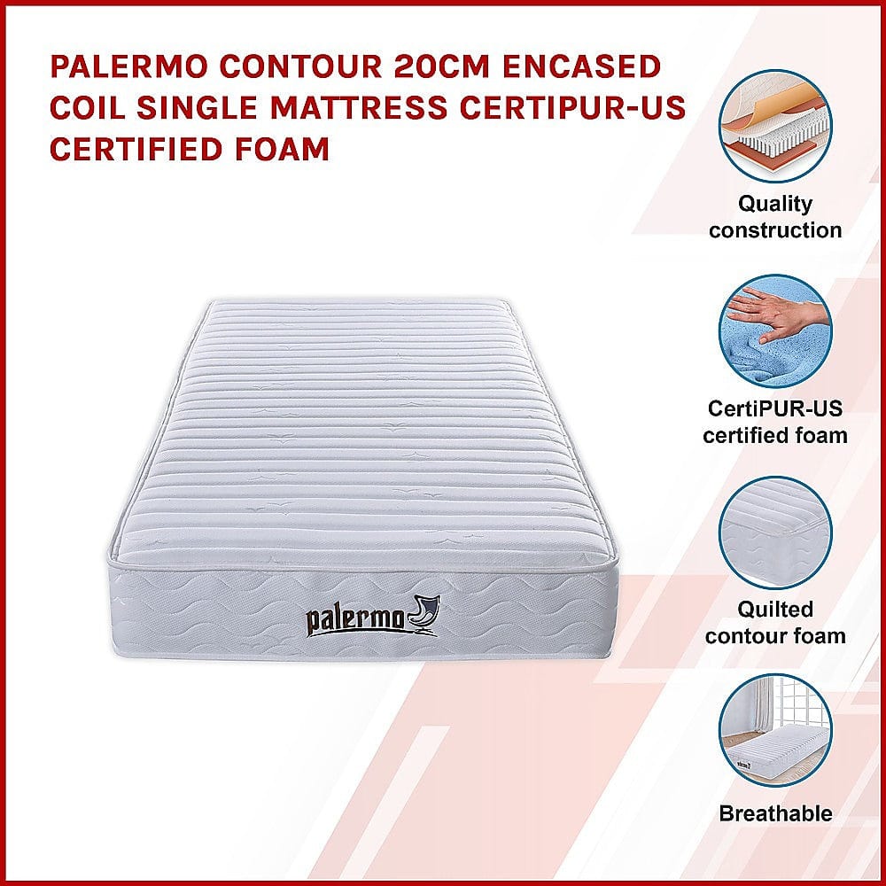 Simple Deals Contour 20cm Encased Coil Single Mattress CertiPUR-US Certified Foam