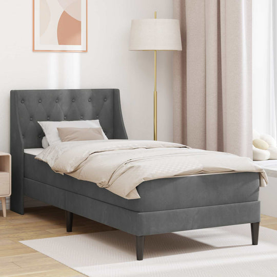 Single Bed Frame Dark Grey with Mattress Velvet Upholstered