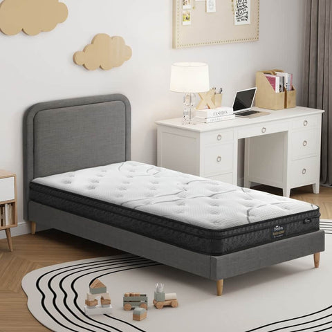 Bed Frame With Bonnell Spring Mattress And Grey Upholstered Base Single