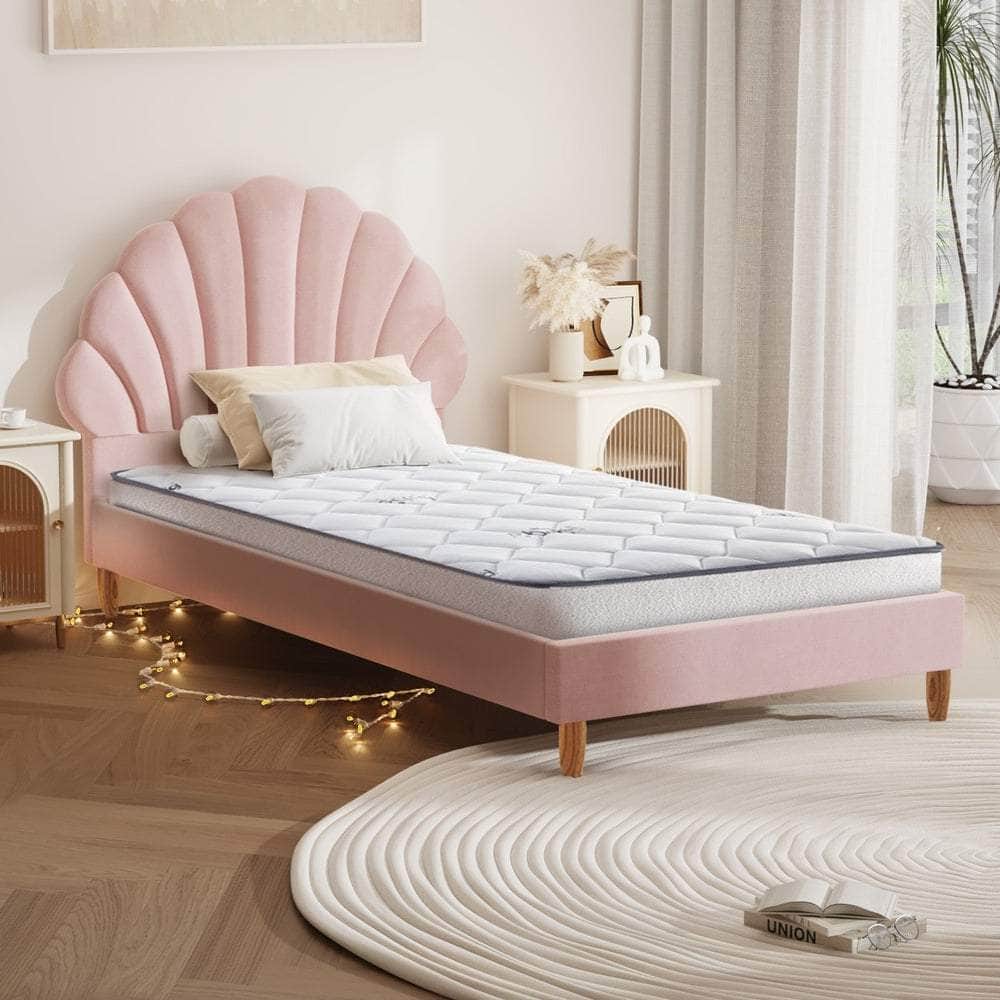 Single Bed Frame with Mattress Pink Velvet Upholstered Bedroom Furniture Set