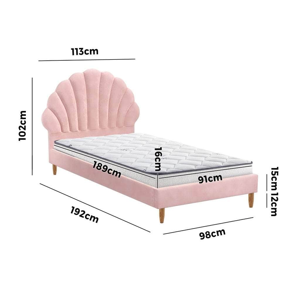 Single Bed Frame with Mattress Pink Velvet Upholstered Bedroom Furniture Set