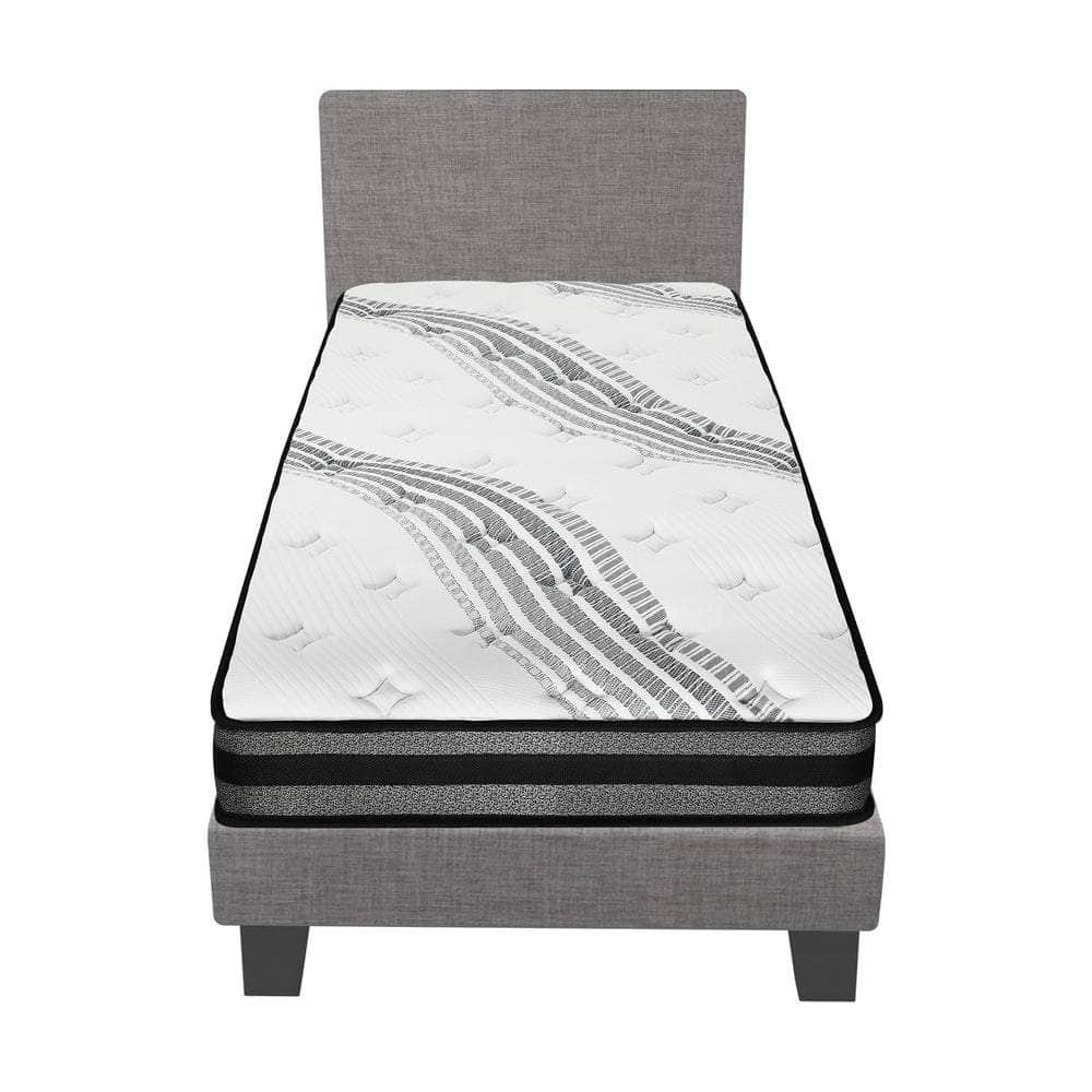 Single Bed Frame with Mattress Set Grey Fabric Upholstered Bedroom Bed