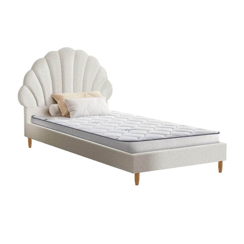 Single Bed Frame with Mattress White Boucle Fabric Upholstered Bedroom Bed