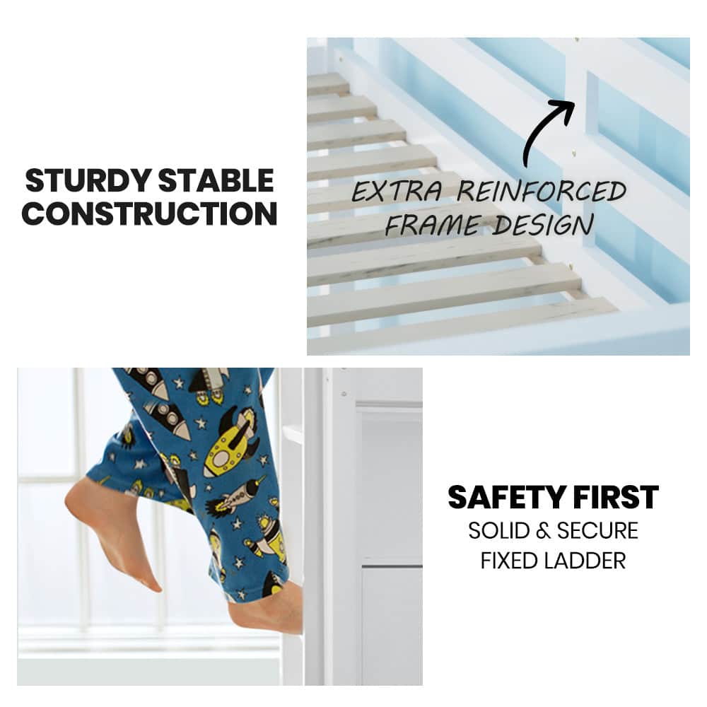 Single Bunk Bed Frame Solid Pine 2-In-1 Modular Design White Slat