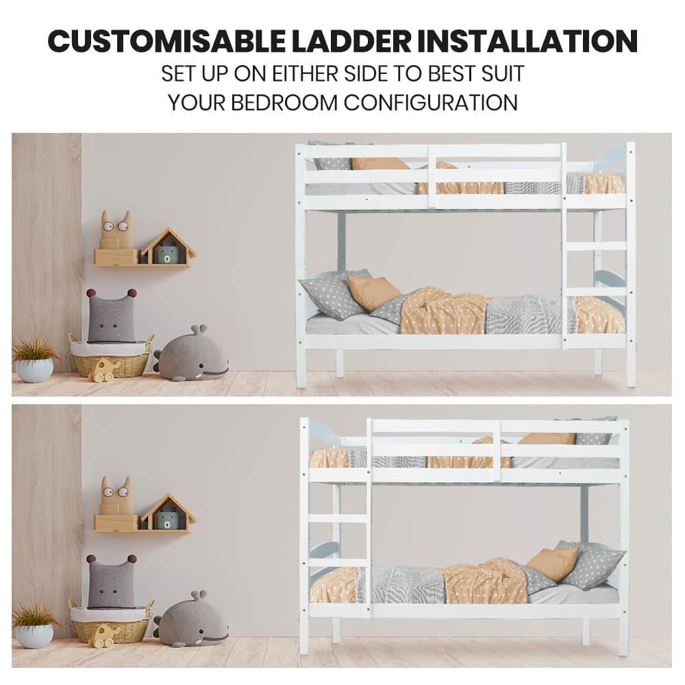 Single Bunk Bed Frame Solid Pine 2-In-1 Modular Design White Slat