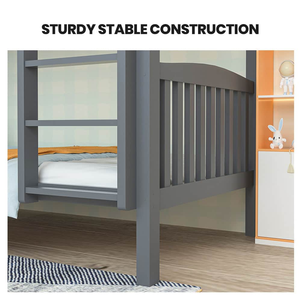 Single Bunk Bed Frame Solid Pine Wood Timber Modular Design Grey