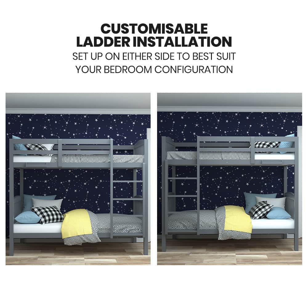 Single Bunk Bed Frame Solid Pine Wood Timber Modular Design Grey