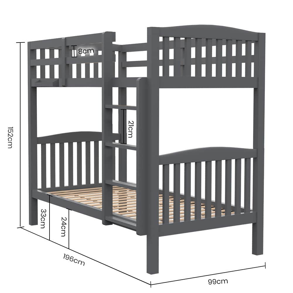 Single Bunk Bed Frame Solid Pine Wood Timber Modular Design Grey