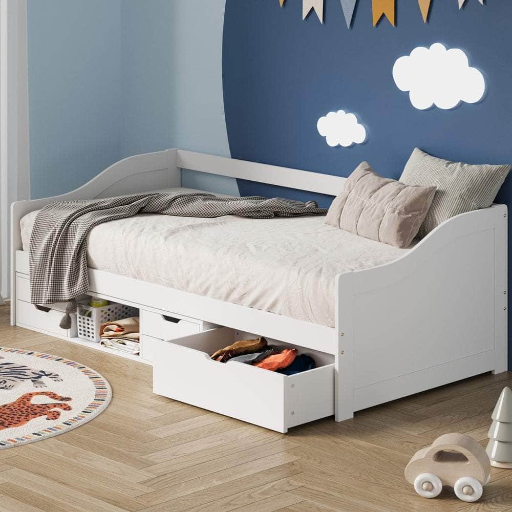 Single Kids Bed Frame with Trundle Storage Drawers Timber White