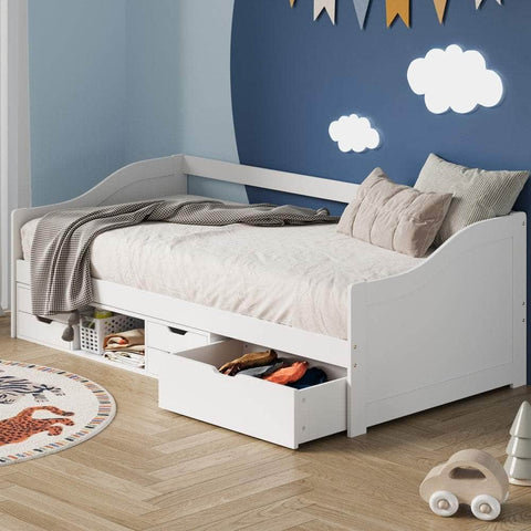 Single Kids Bed Frame with Trundle Storage Drawers Timber White