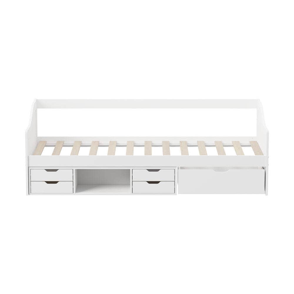 Single Kids Bed Frame with Trundle Storage Drawers Timber White