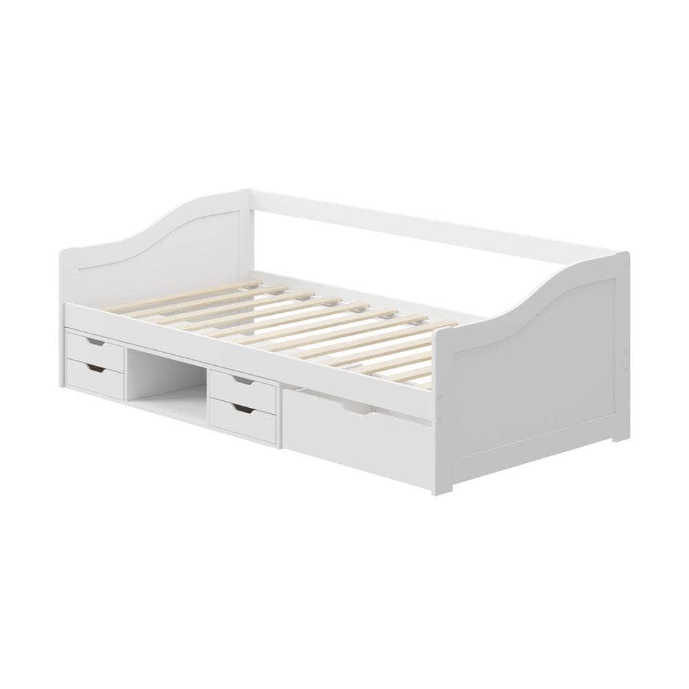 Single Kids Bed Frame with Trundle Storage Drawers Timber White