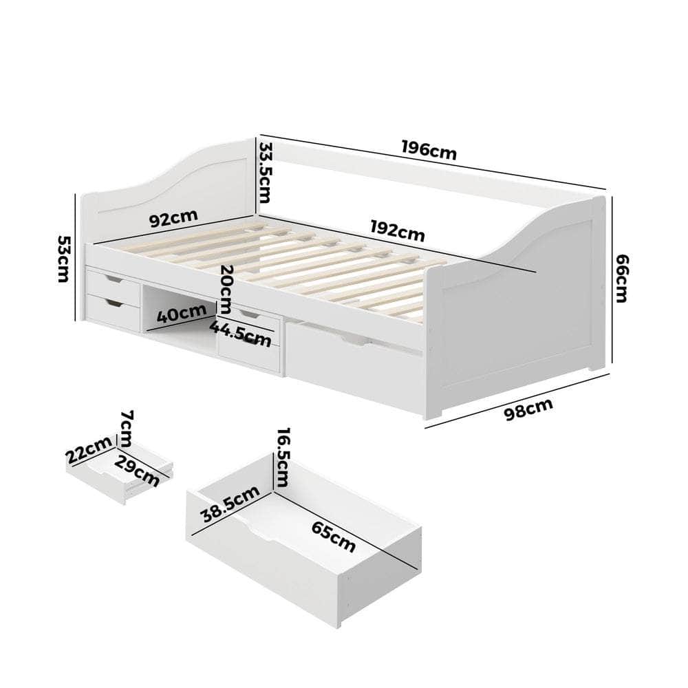 Single Kids Bed Frame with Trundle Storage Drawers Timber White