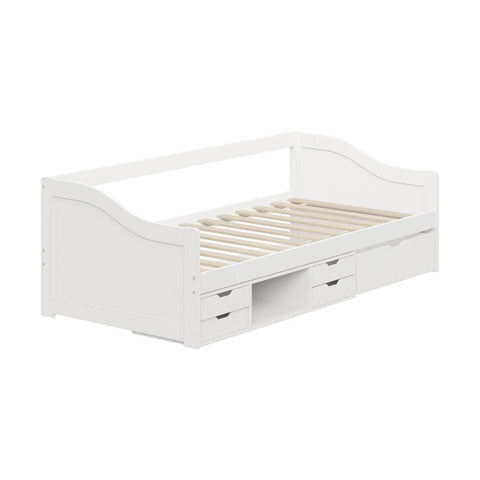 Single Kids Bed Frame with Trundle Storage Drawers Timber White