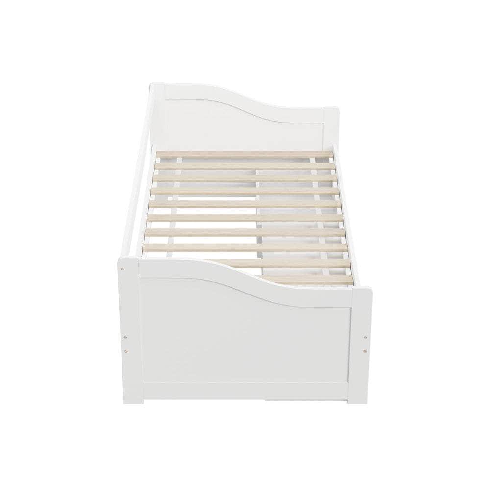 Single Kids Bed Frame with Trundle Storage Drawers Timber White