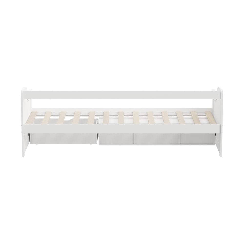 Single Kids Bed Frame with Trundle Storage Drawers Timber White