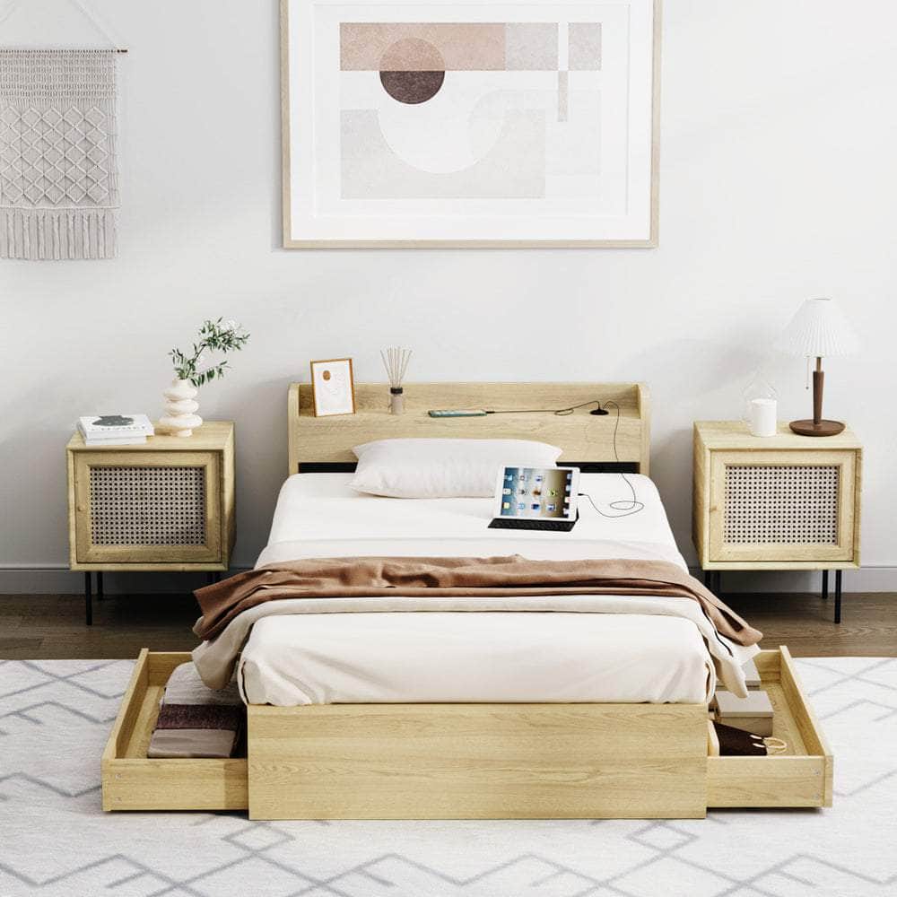 Single Queen King & Double Bed Frame with USB Charging Ports & 2 Storage Drawers Bedroom Furniture