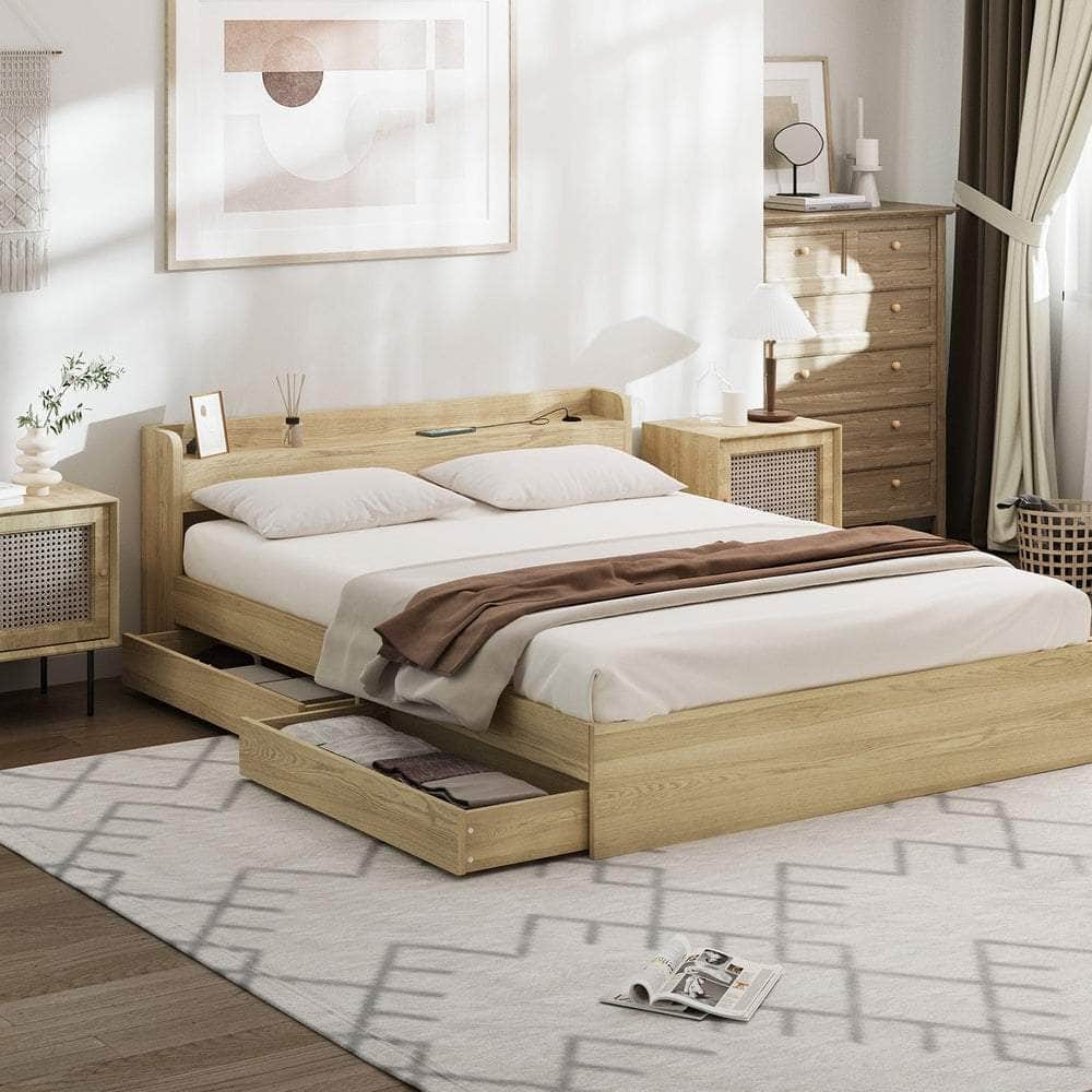 Single Queen King & Double Bed Frame with USB Charging Ports & 2 Storage Drawers Bedroom Furniture