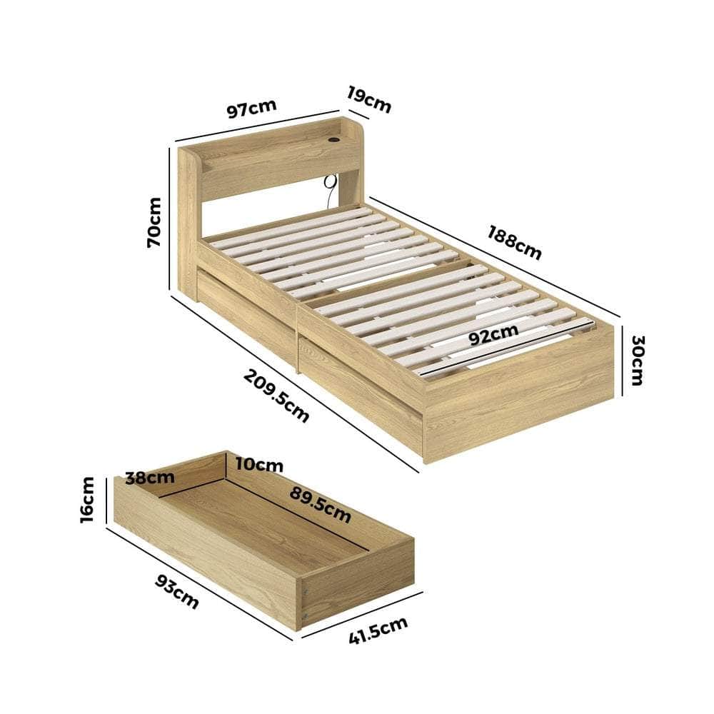 Single Queen King & Double Bed Frame with USB Charging Ports & 2 Storage Drawers Bedroom Furniture