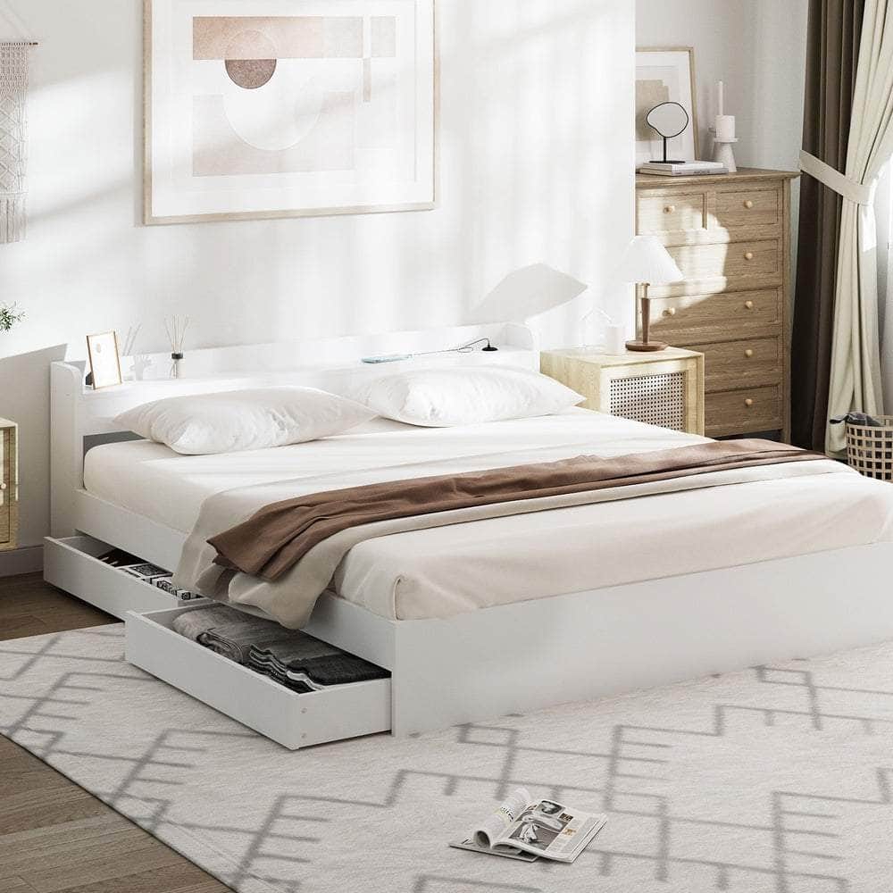 Single Queen King & Double Bed Frame with USB Charging Ports & 2 Storage Drawers Bedroom Furniture